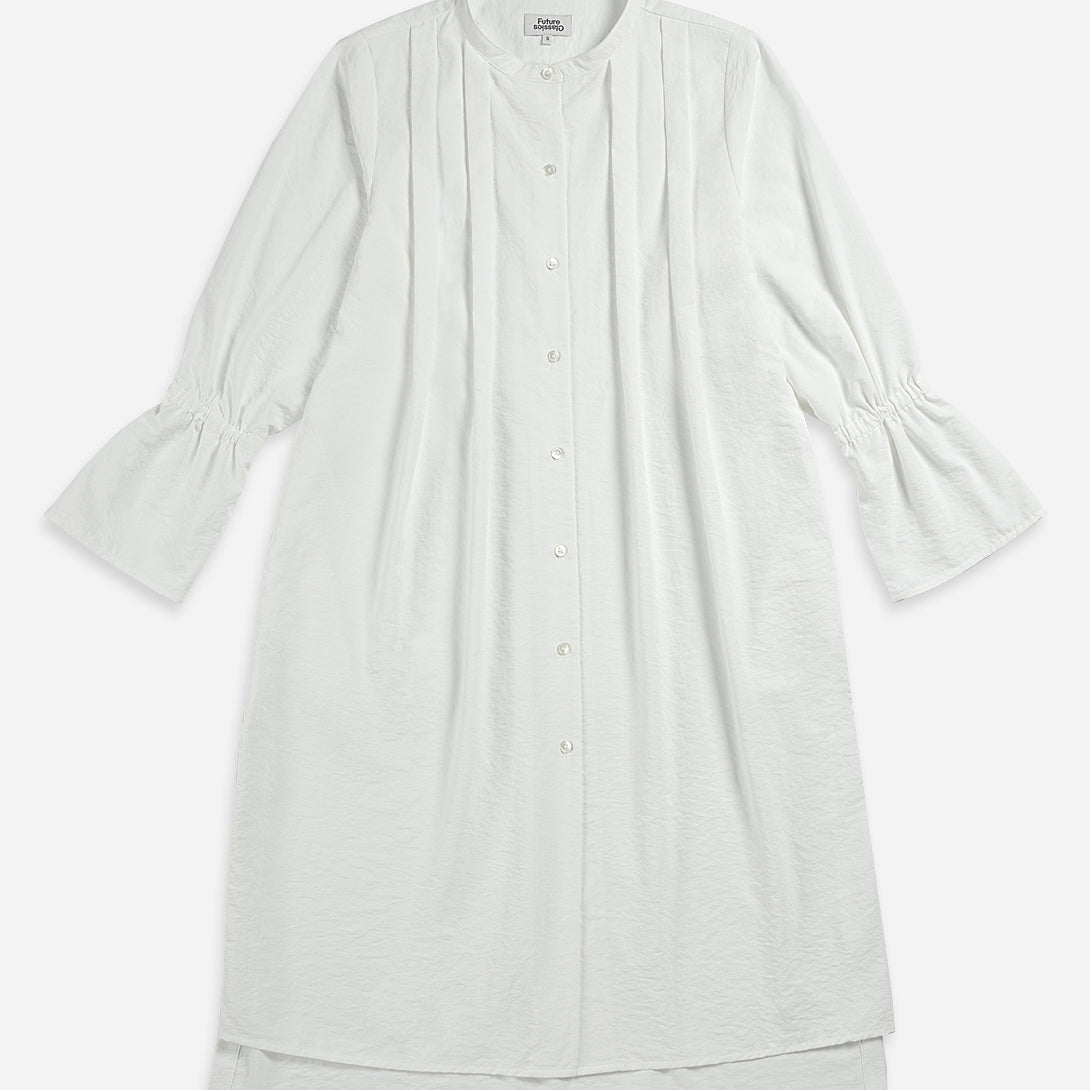 Pure White Gathered LS Dress Womens Textured Buttoned Dress