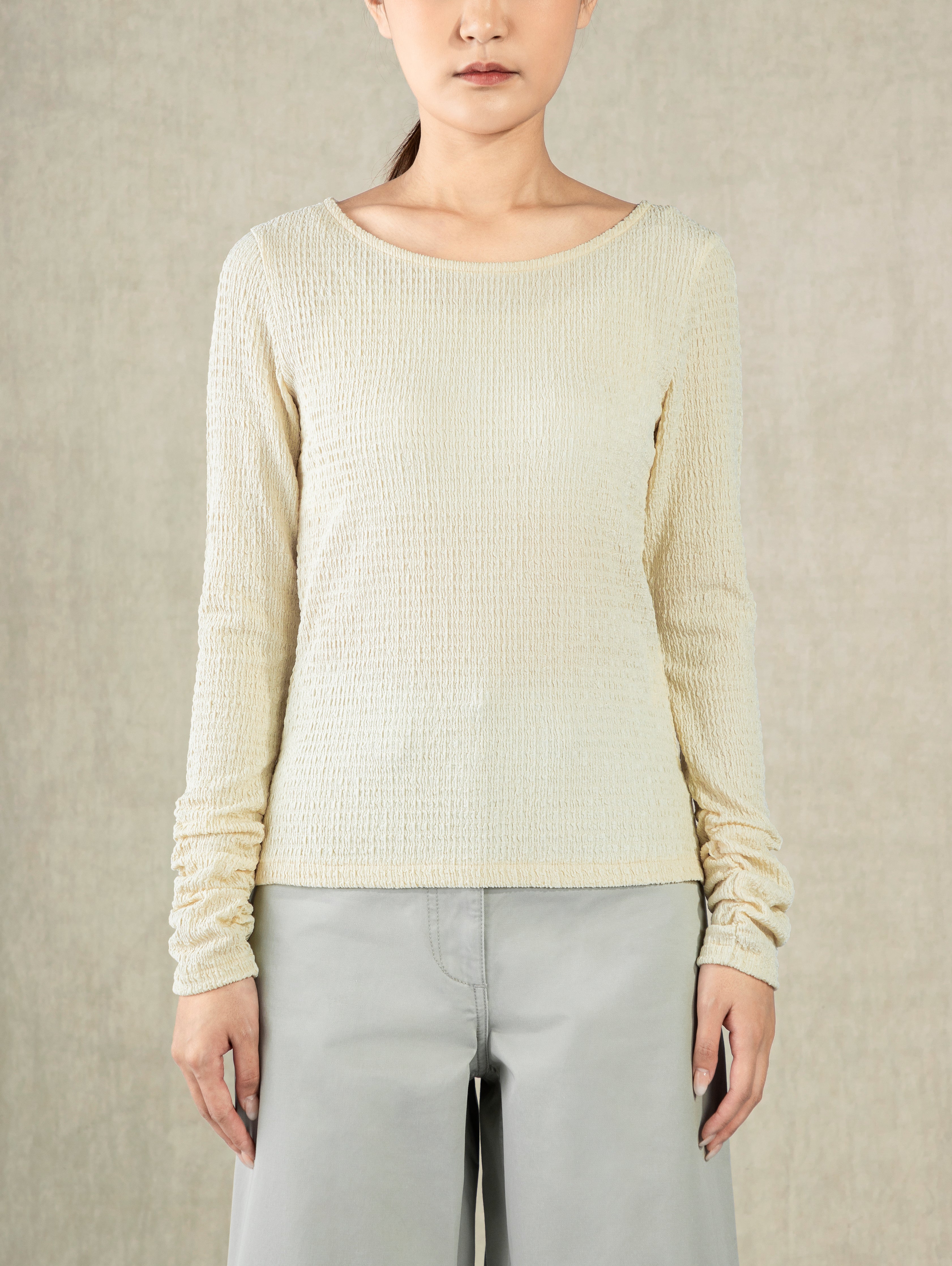 Seedpearl Crunched Sleeve Top Wide Neck Lightweight Shirt