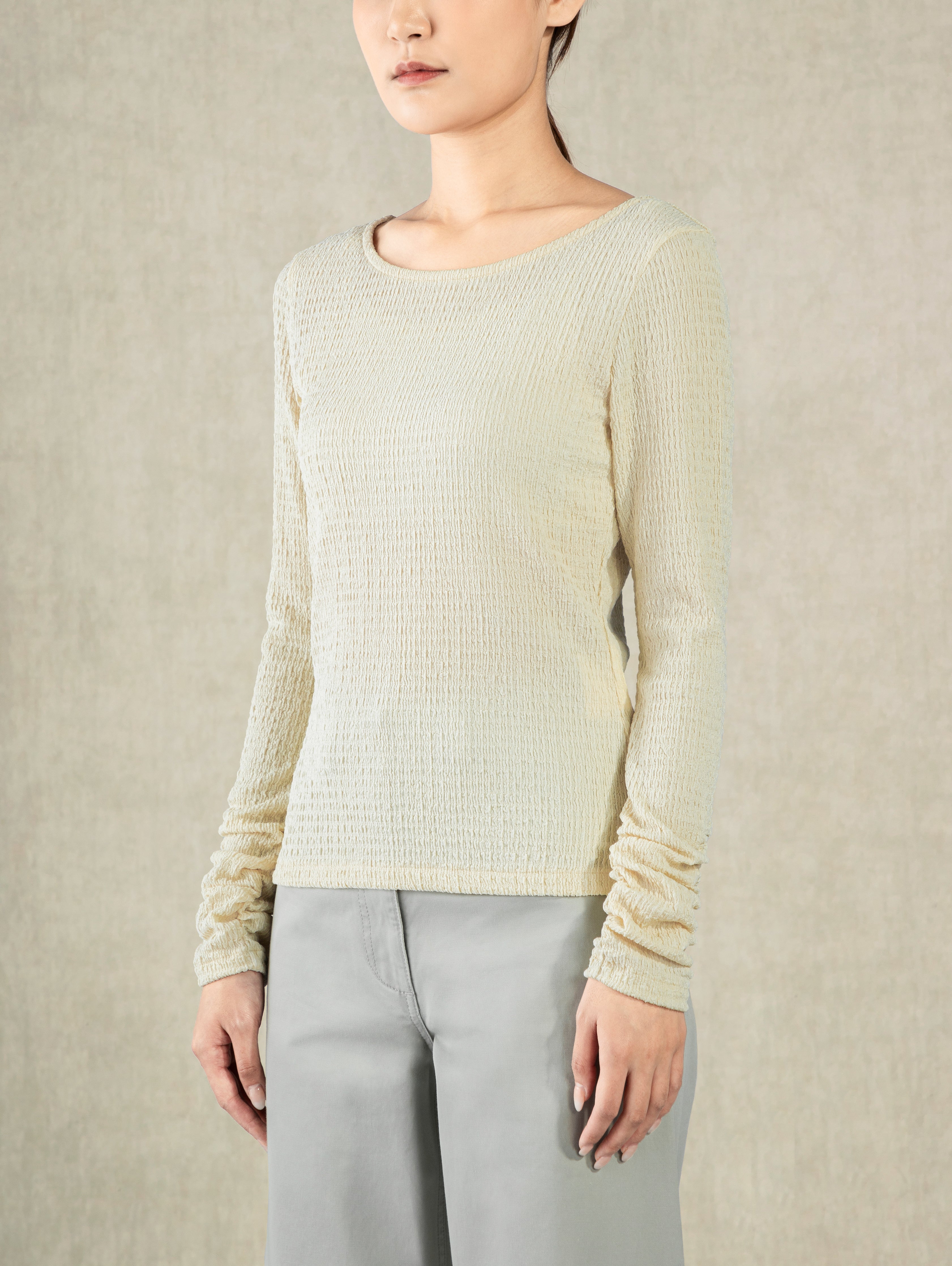 Seedpearl Crunched Sleeve Top Wide Neck Lightweight Shirt