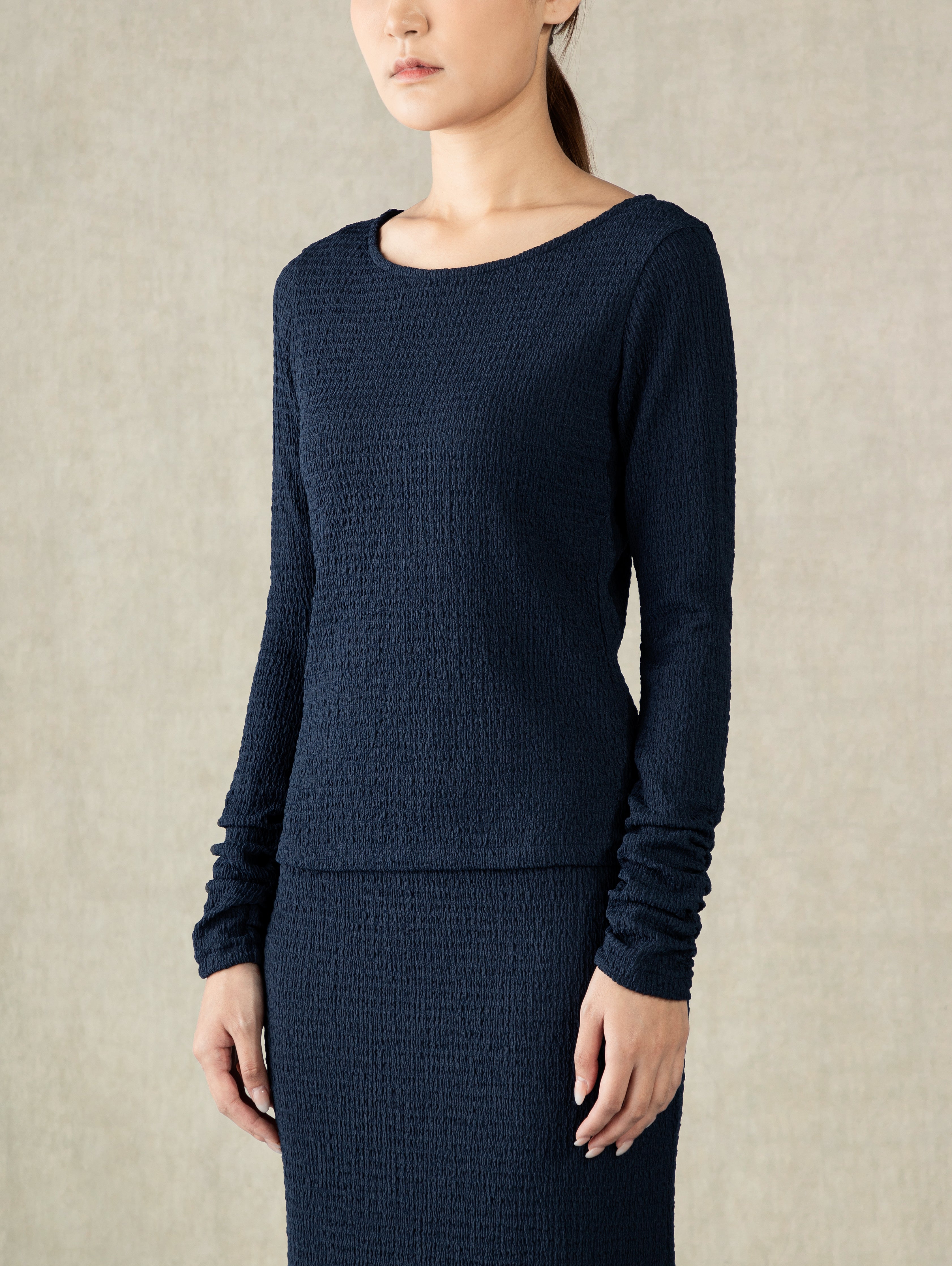 Navy Blazer Crunched Sleeve Top Wide Neck Lightweight Shirt