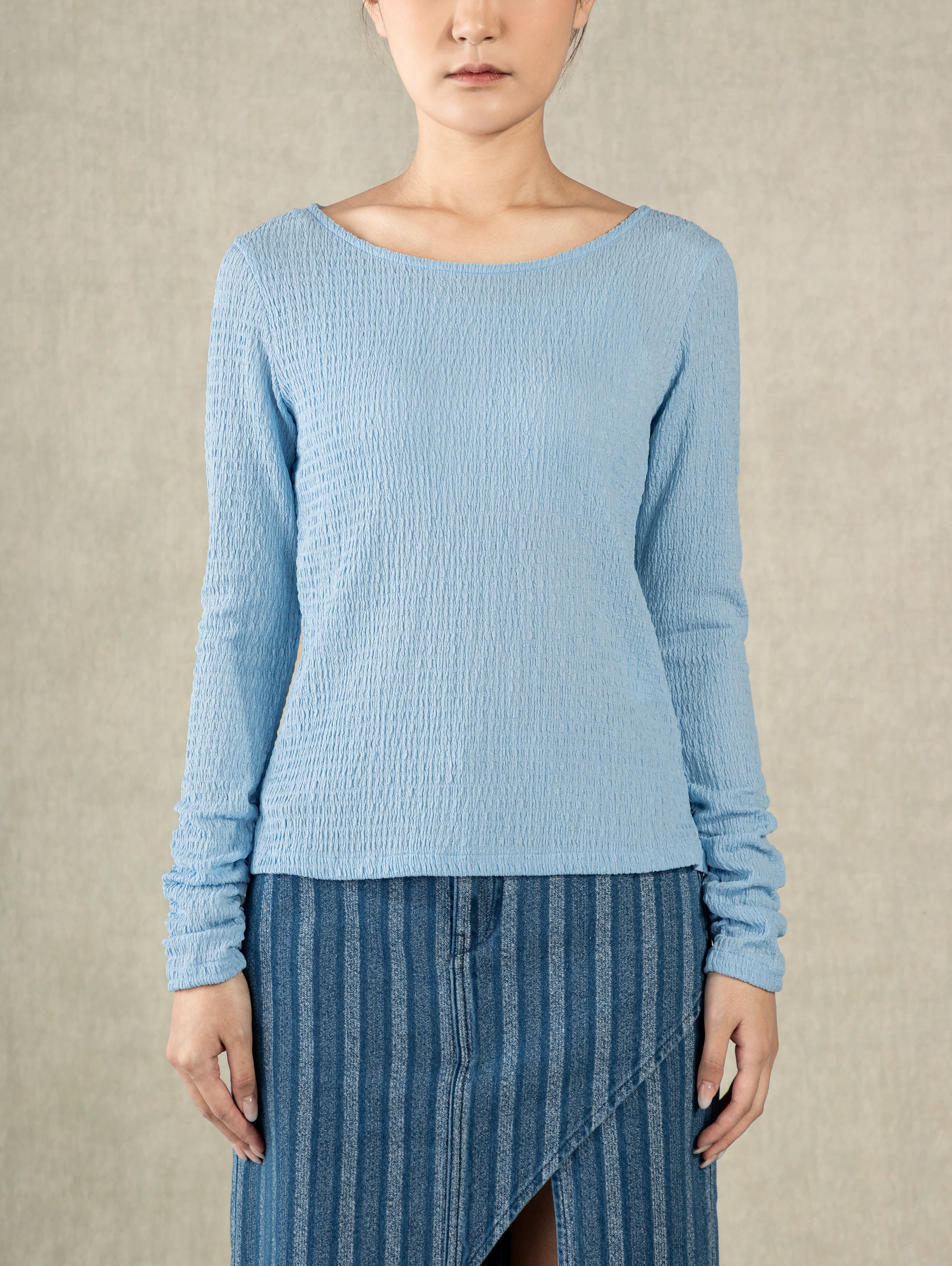 Little Boy Blue Crunched Sleeve Top Wide Neck Lightweight Shirt