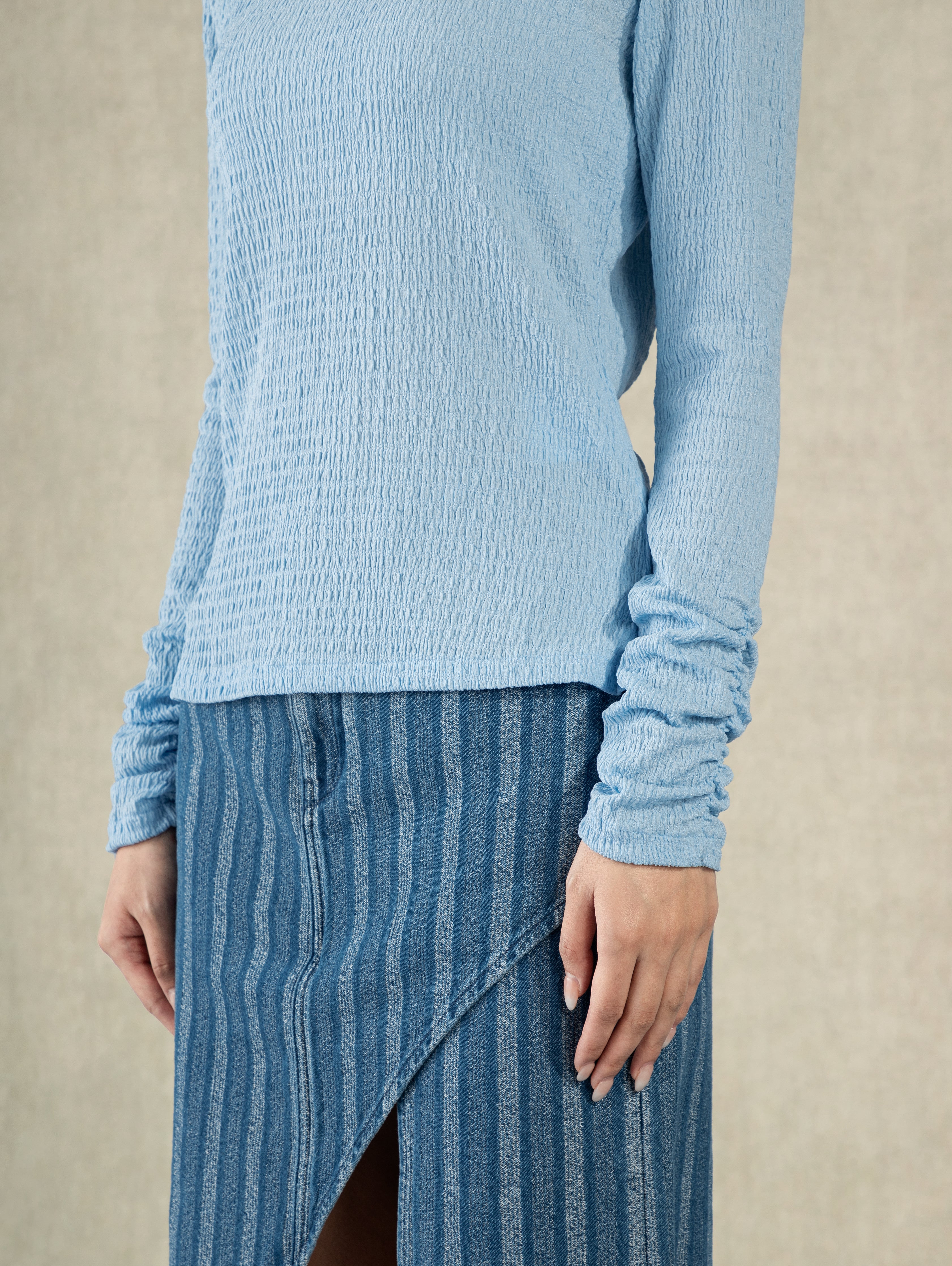 Little Boy Blue Crunched Sleeve Top Wide Neck Lightweight Shirt