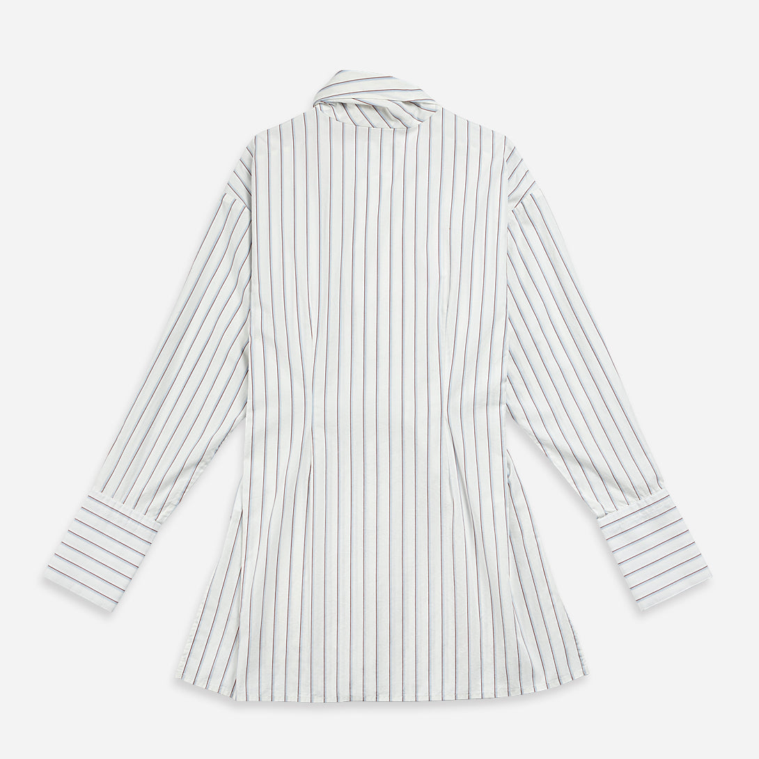 Pure White Stripe Striped Neck Scarf Shirt Womens Adjustable Buttoned Top