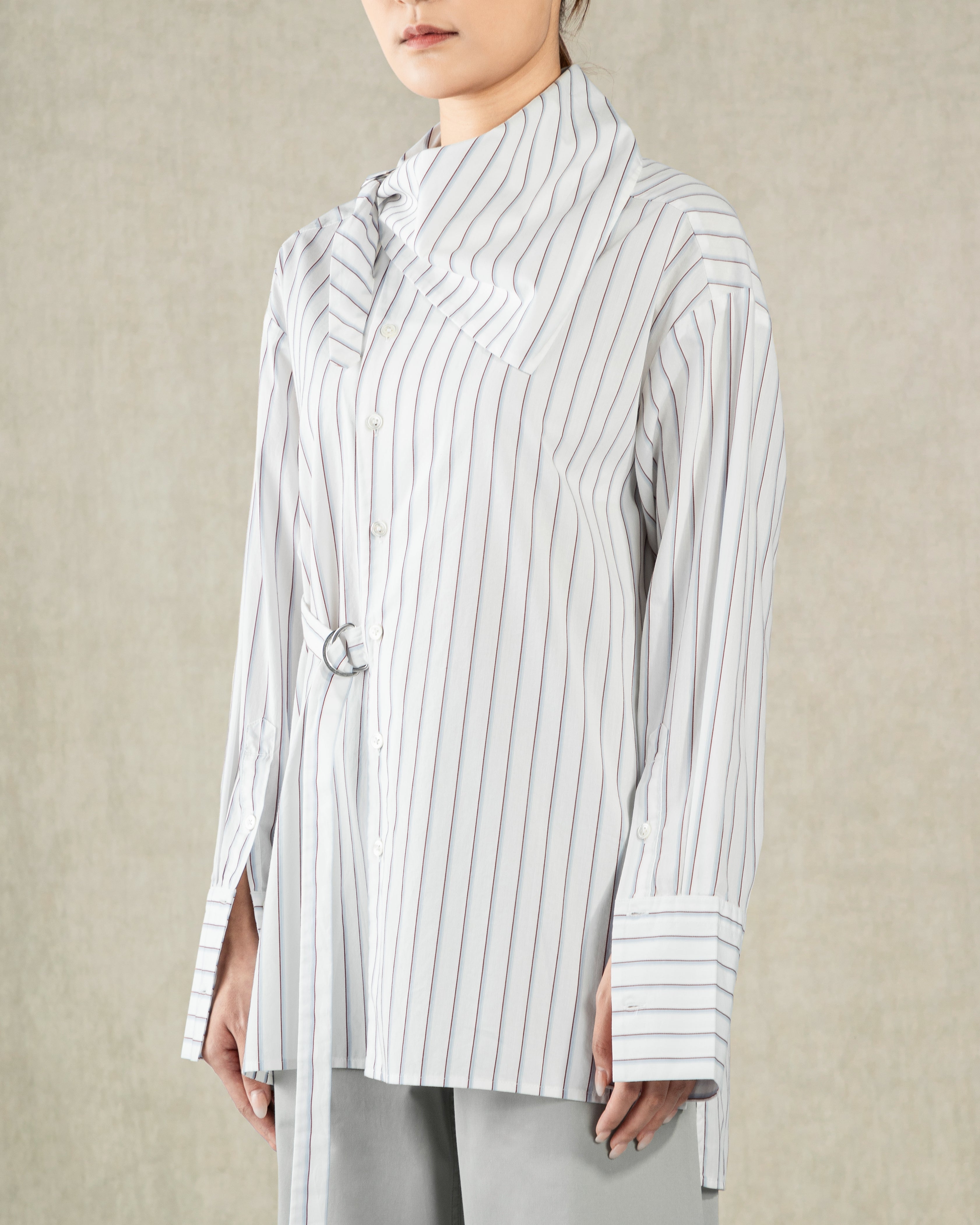 Pure White Stripe Striped Neck Scarf Shirt Womens Adjustable Buttoned Top