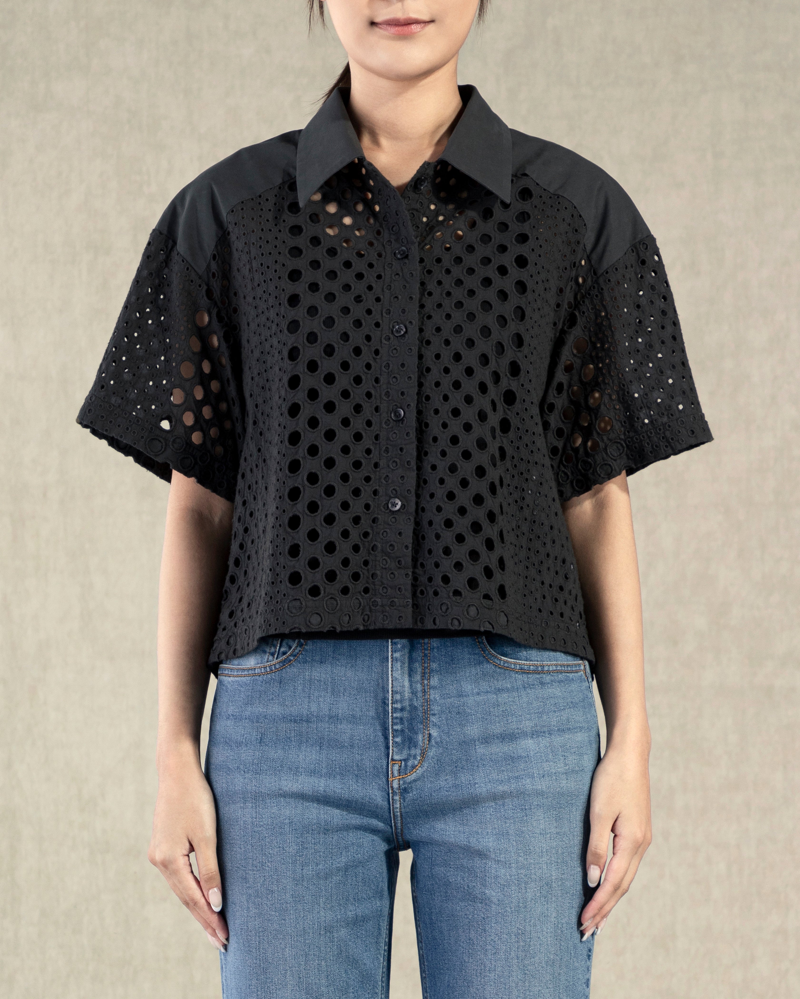 Moonless Night Lace Cropped Boxy Eyelet Shirt Womens Future Classics Collared Button Shirt