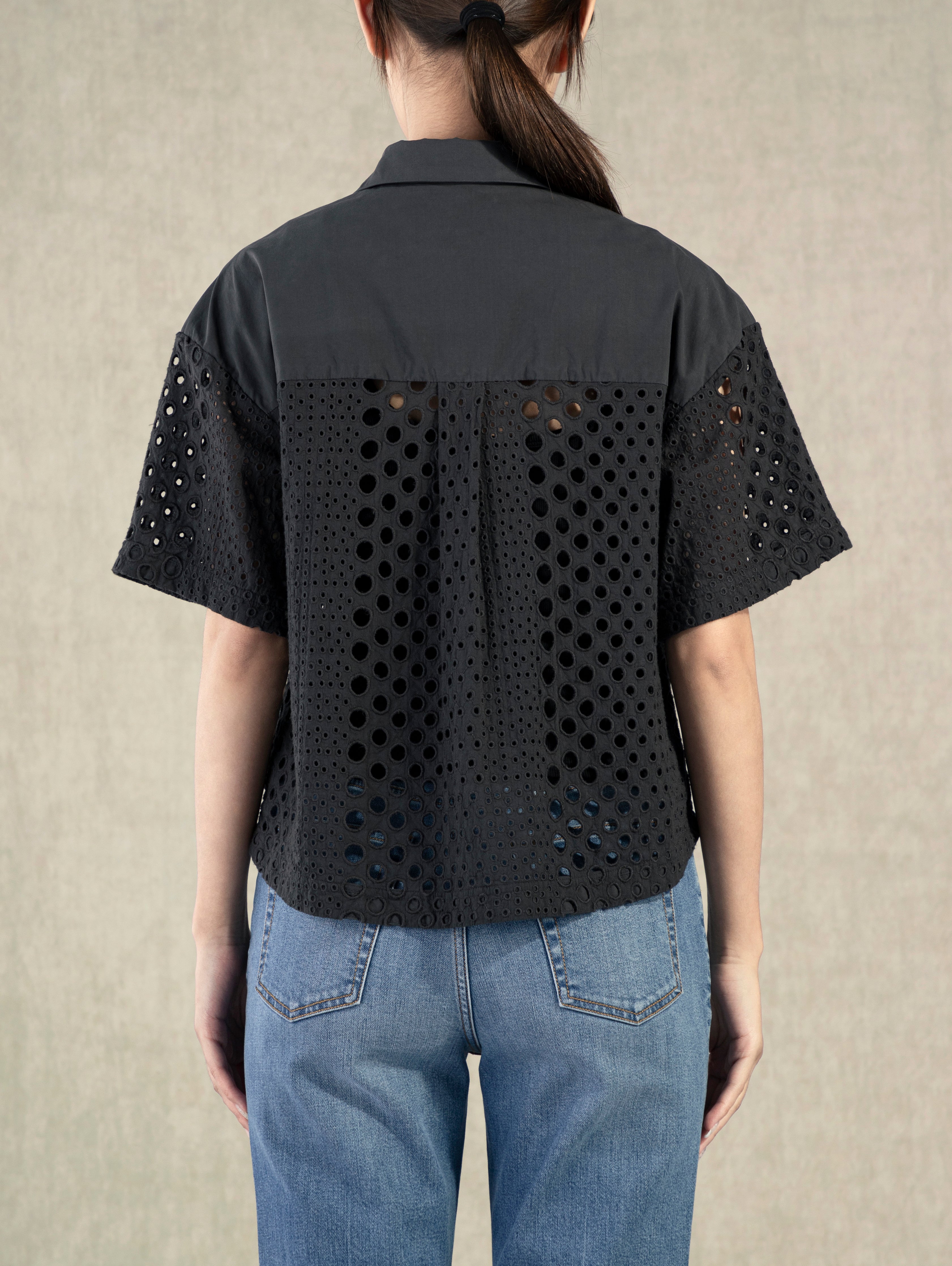 Moonless Night Lace Cropped Boxy Eyelet Shirt Womens Future Classics Collared Button Shirt