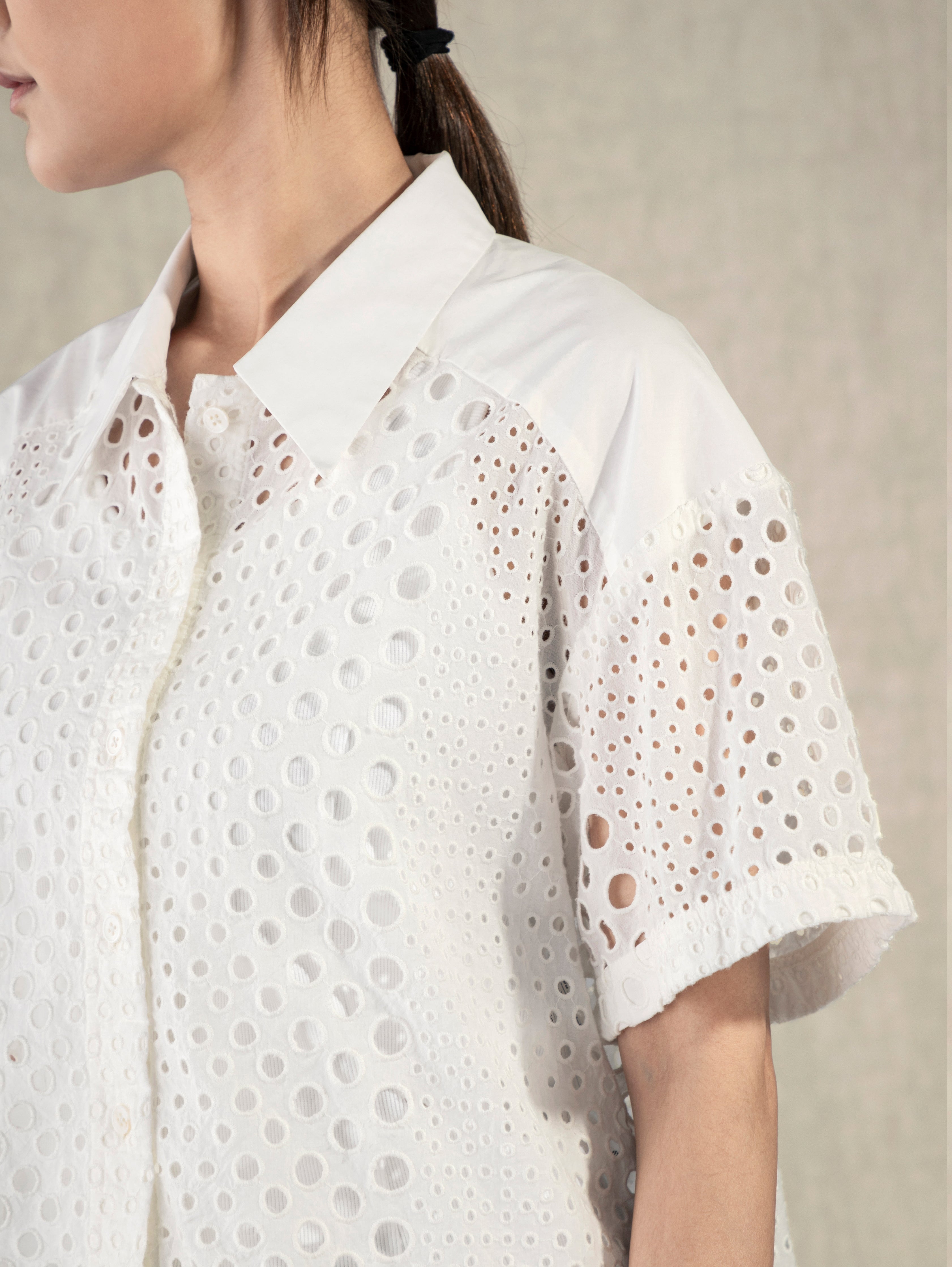 Pure White Lace Cropped Boxy Eyelet Shirt Womens Future Classics Collared Button Shirt