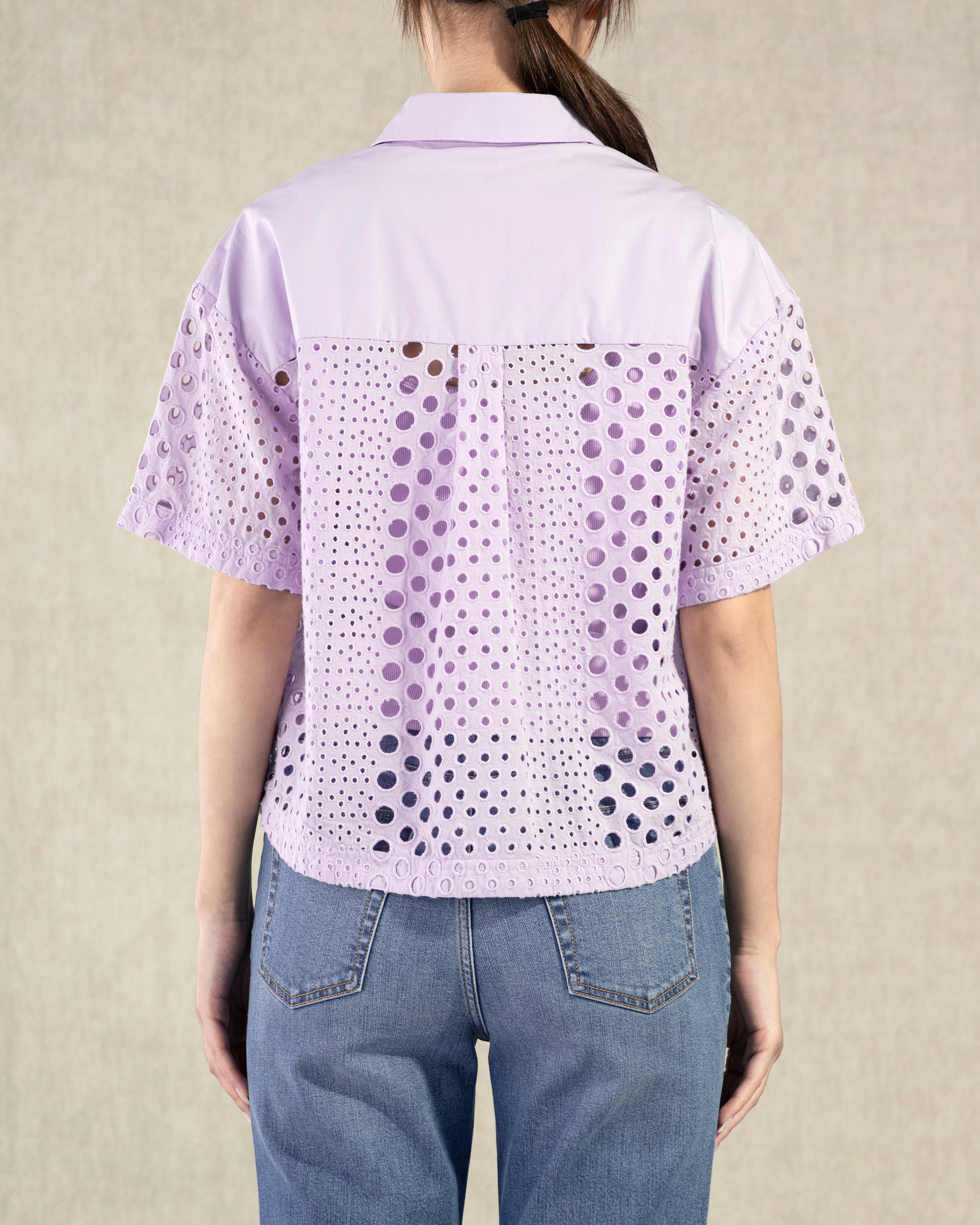 Pastel Lilac Lace Cropped Boxy Eyelet Shirt Womens Future Classics Collared Button Shirt