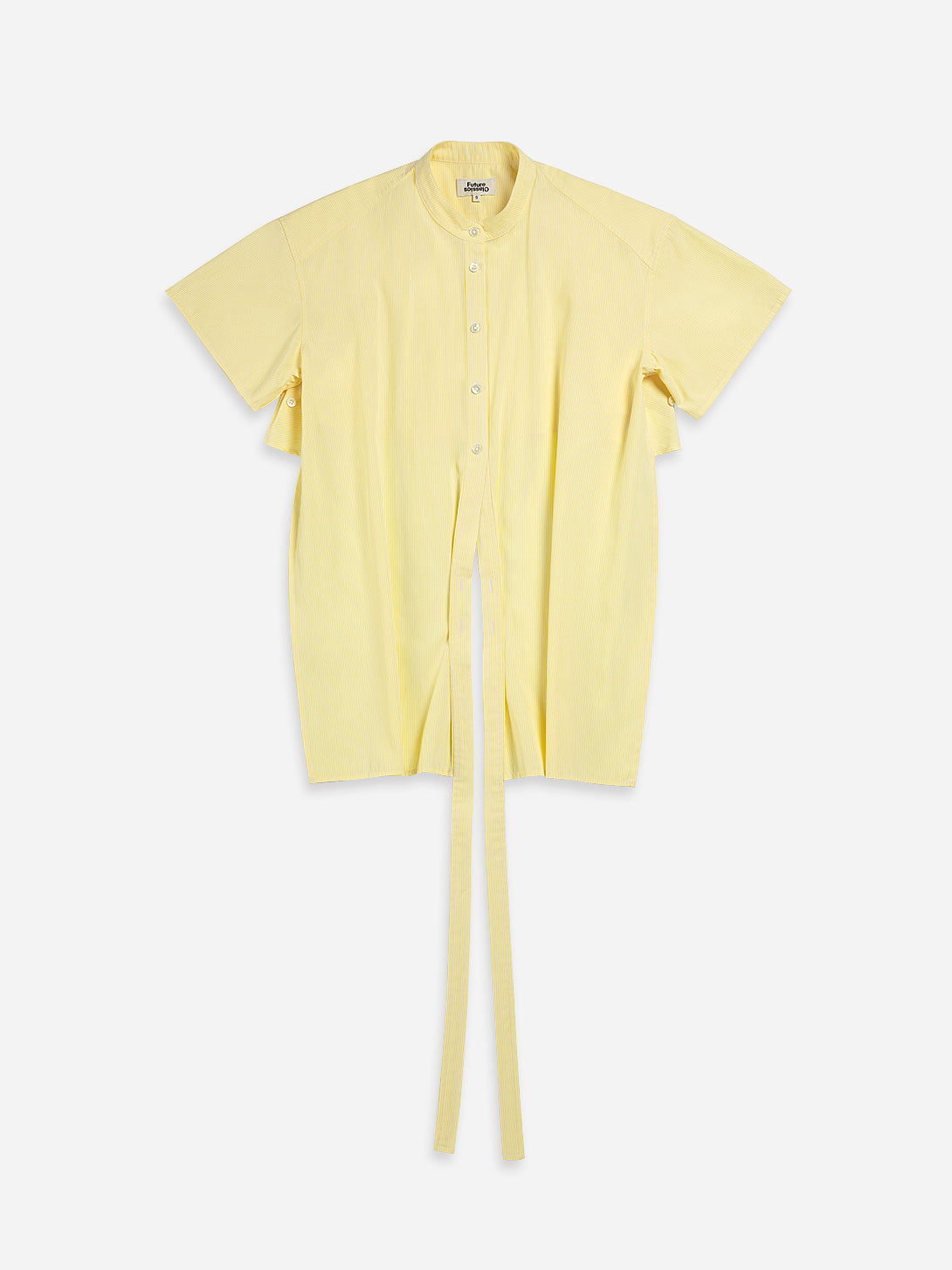 Yellow Cream Stripe Striped Hi Low Wrap Shirt Band Collar Button Down Short Sleeve