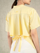 Yellow Cream Stripe Striped Hi Low Wrap Shirt Band Collar Button Down Short Sleeve