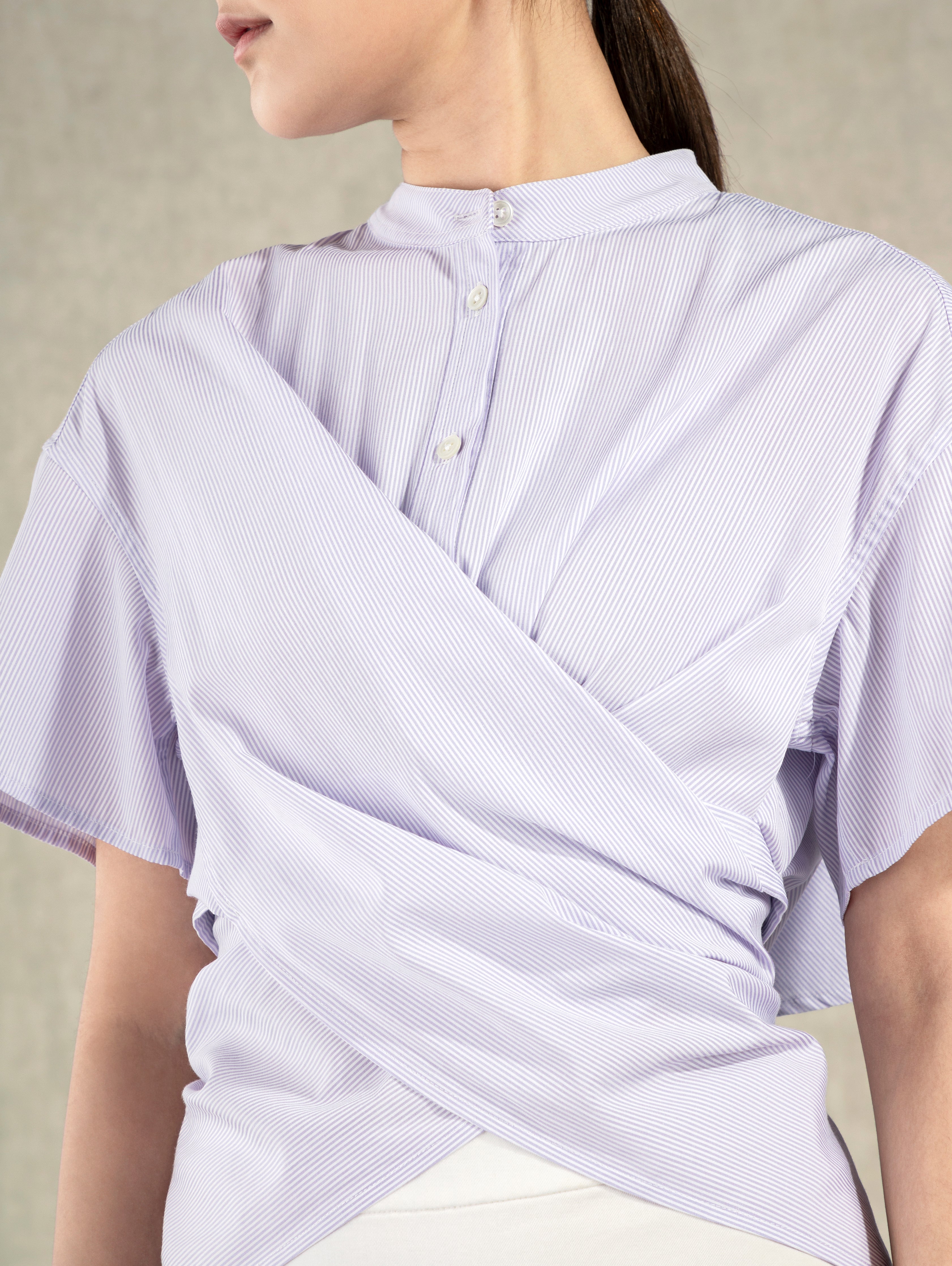 Pastel Lilac Stripe Striped Hi Low Wrap Shirt Band Collar Button Down Short Sleeve