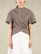 Flint Grey Hi Low Wrap Shirt Womens Future Classics Band Collar Button Up Short Sleeve