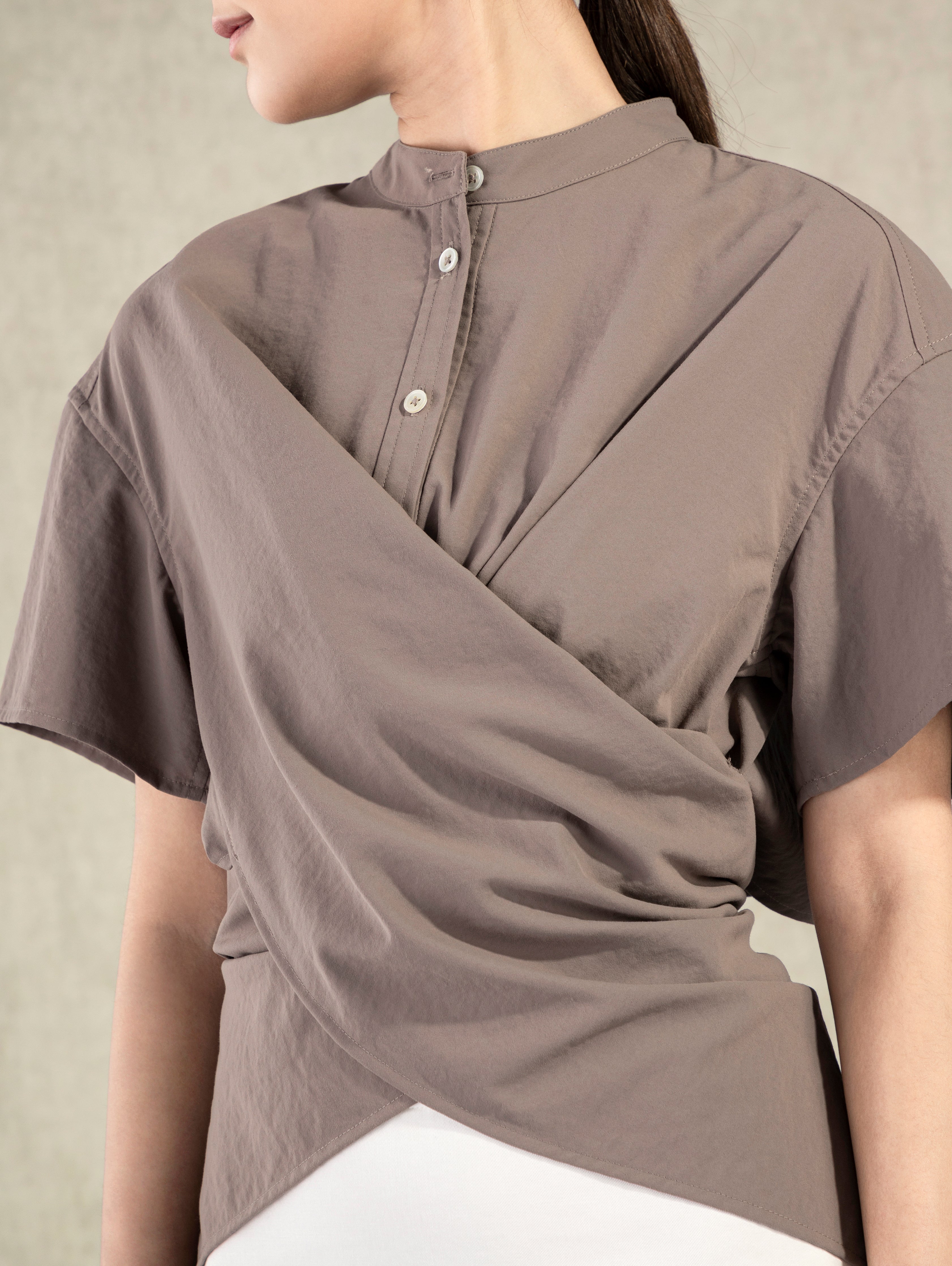 Flint Grey Hi Low Wrap Shirt Womens Future Classics Band Collar Button Up Short Sleeve