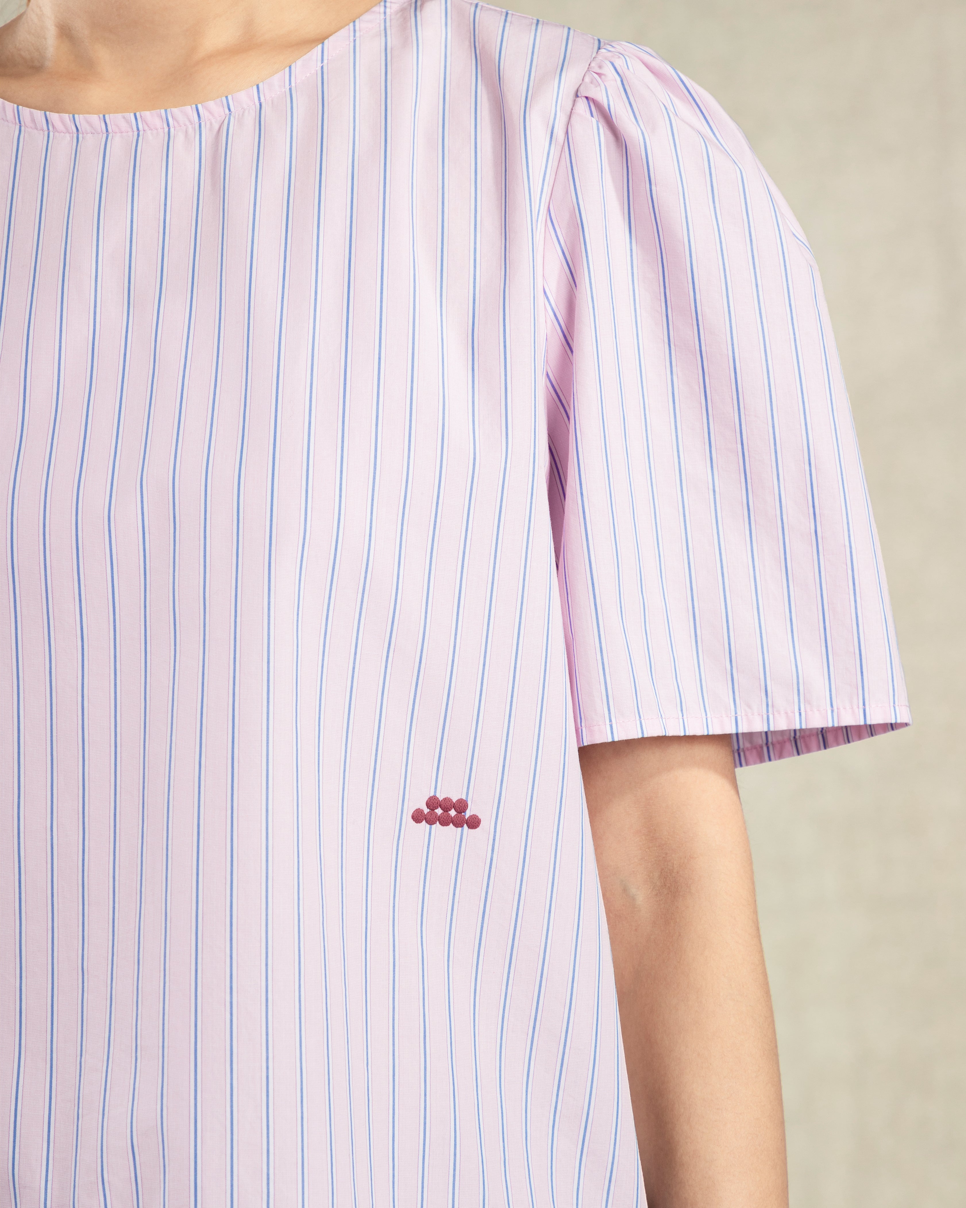 Blushing Pink Stripe Striped Puff Sleeve Blouse Woven Boxy Woven Short Sleeve