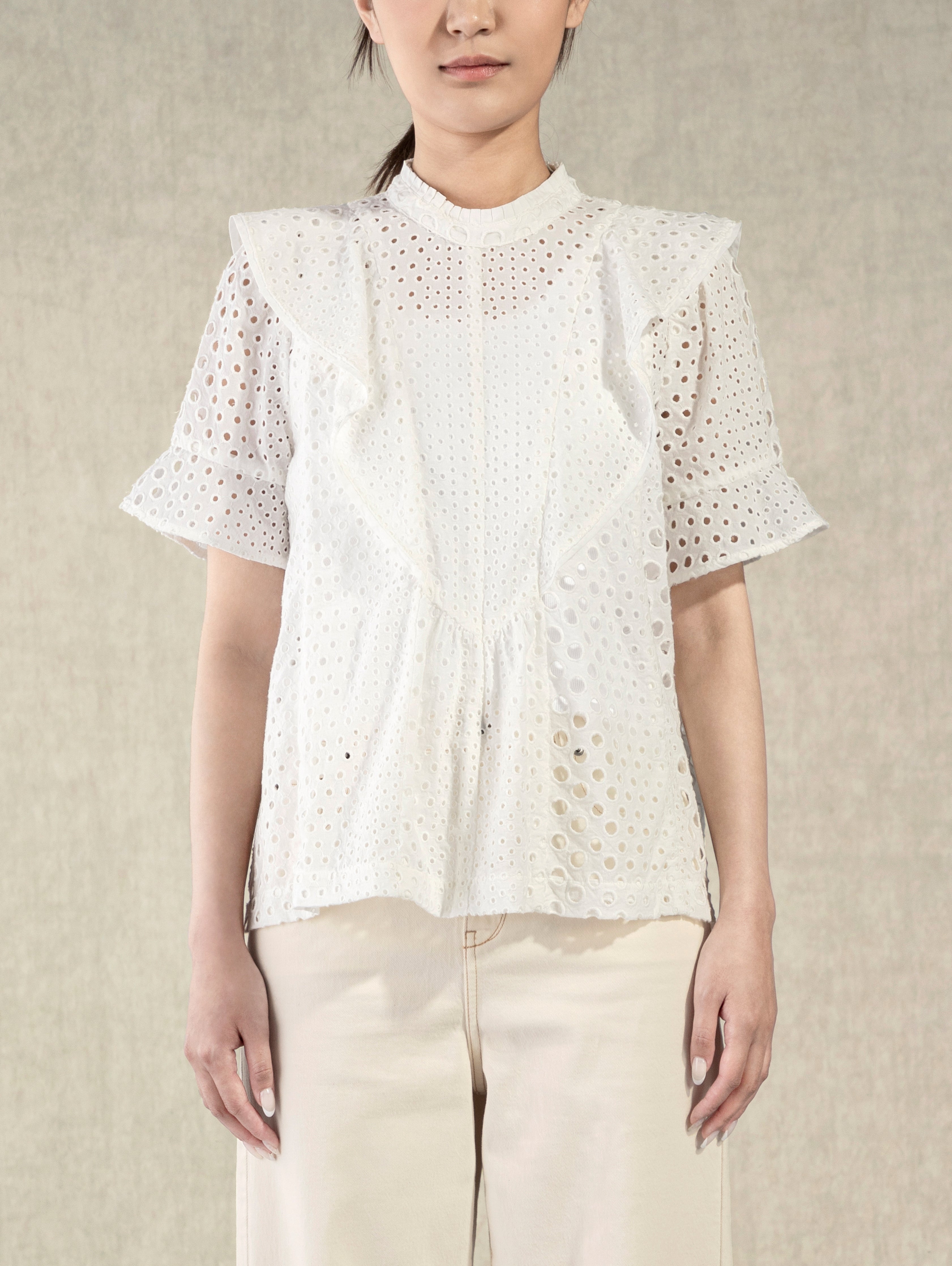 Pure White Lace Ruffled Eyelet Blouse Womens Future Classics Textured Lightweight Shirt