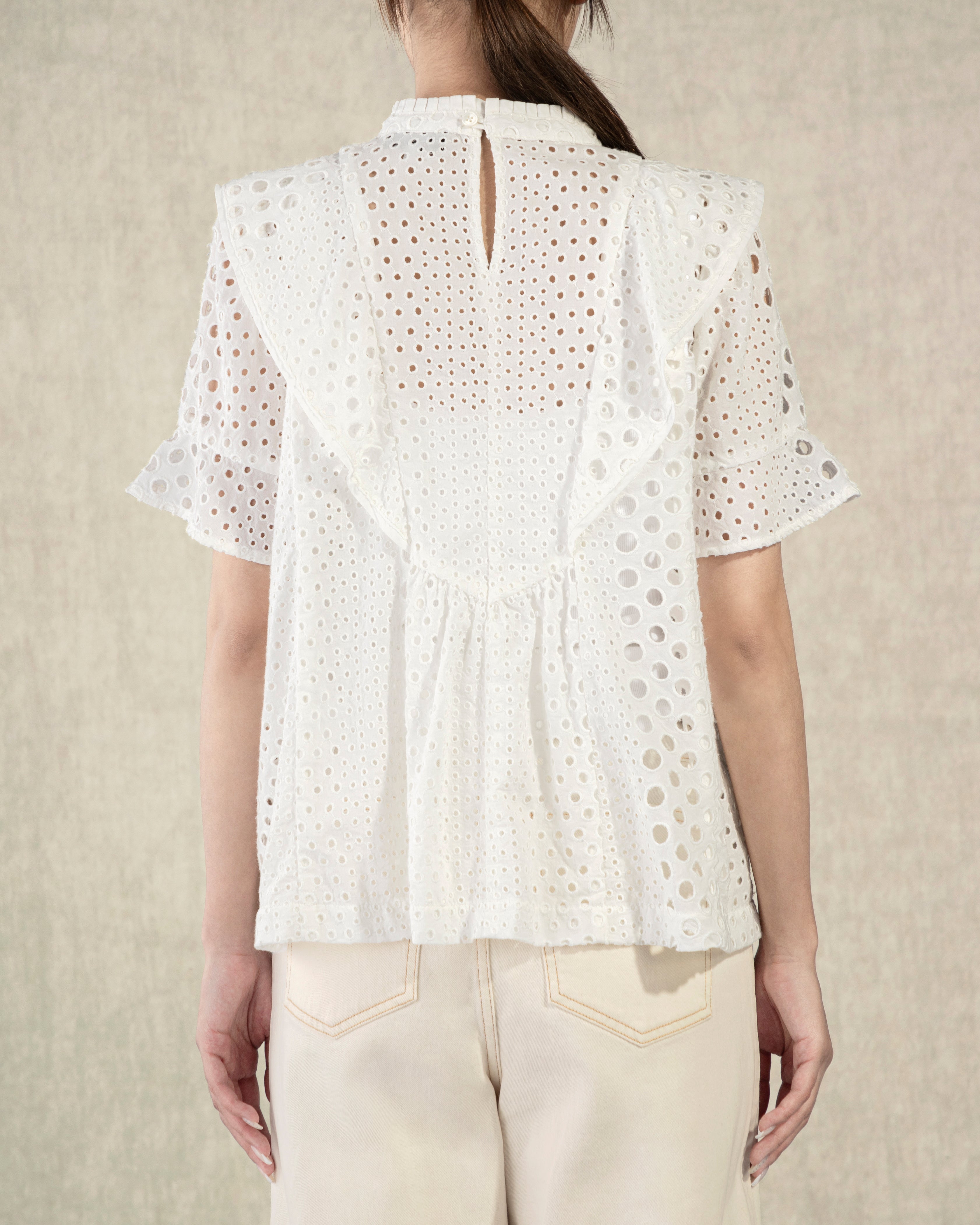 Pure White Lace Ruffled Eyelet Blouse Womens Future Classics Textured Lightweight Shirt