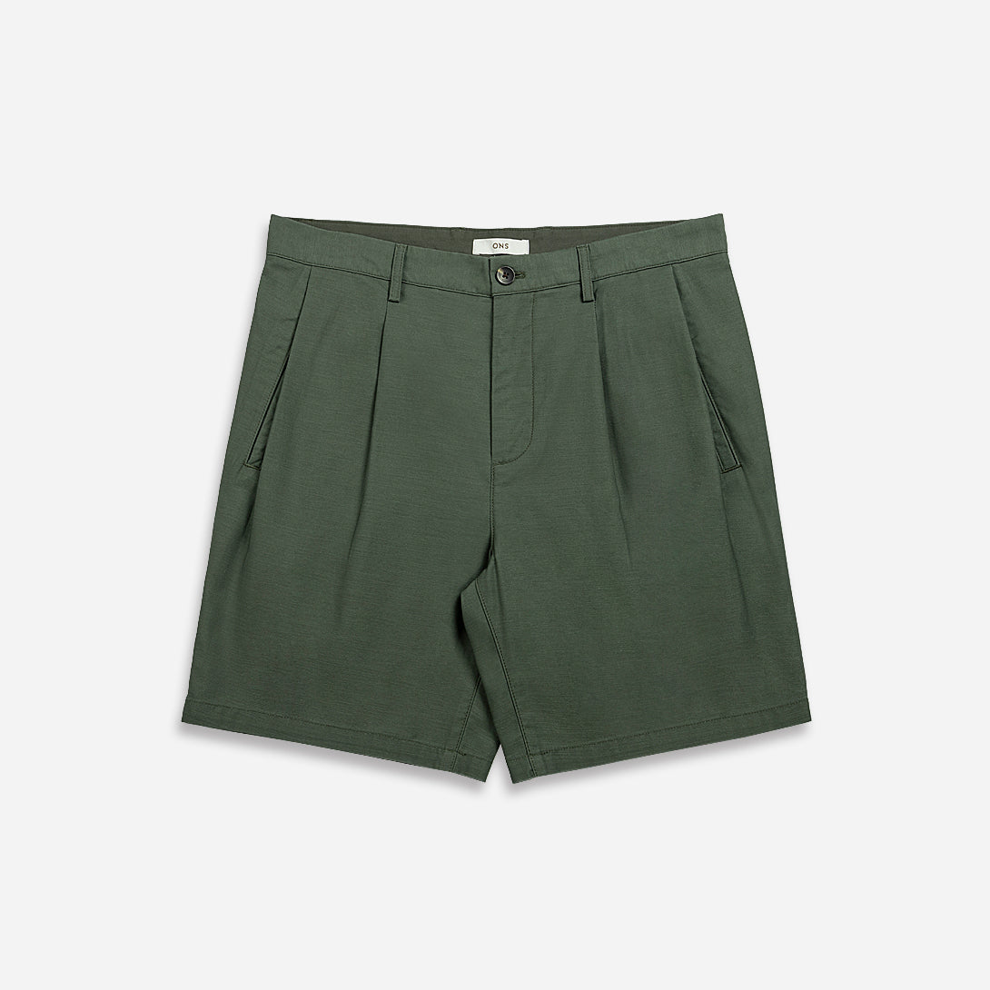 Agave Green Modern Slub Shorts Mens Pleated Lightweight Shorts