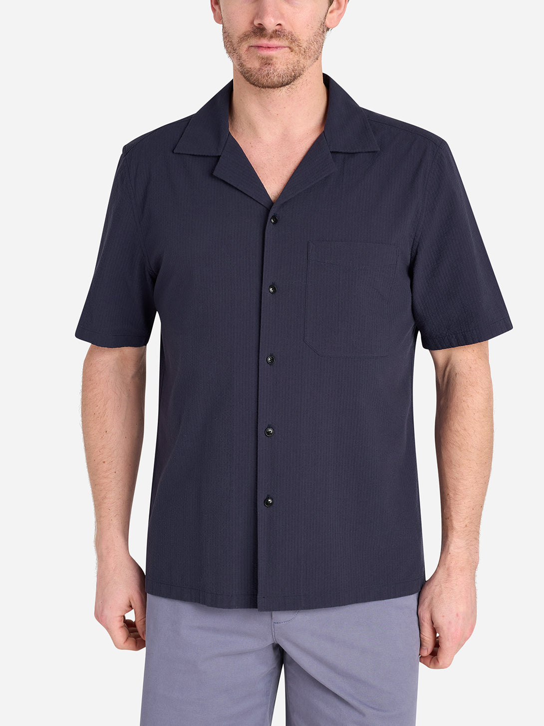 Navy Rockaway Seersucker Shirt Mens Camp Collar Textured Shirt