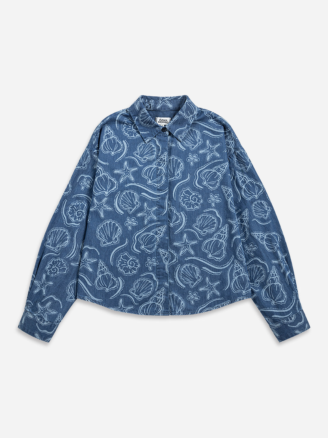 Mid Indigo Seashell Denim Shirt Womens Woven Shirt Womens Button Up Shirt Pattern Printed Shirt 