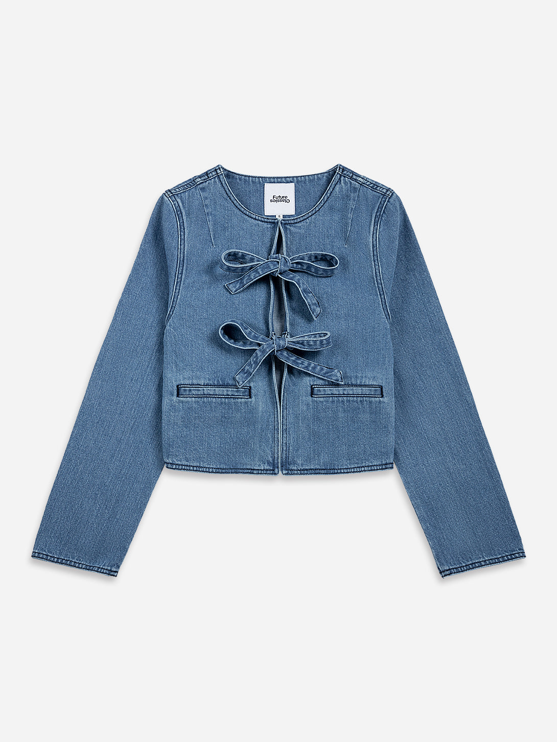 Mid Indigo Ribbon Up Denim Jacket Womens Cropped Denim Jacket Ribbon Closure Mid Indigo Denim