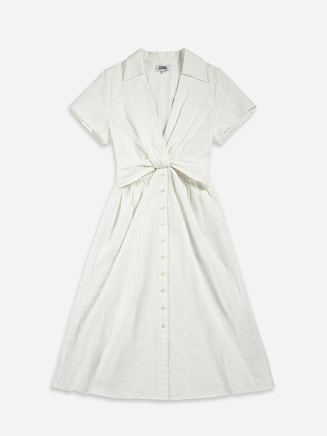 Pure White Stripe Textured Striped Dress Womens Strped Dress Buttoned Short Sleeve Dress 
