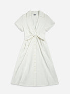 Pure White Stripe Textured Striped Dress Womens Strped Dress Buttoned Short Sleeve Dress 