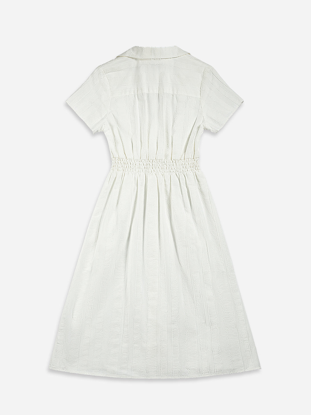 Pure White Stripe Textured Striped Dress Womens Strped Dress Buttoned Short Sleeve Dress 