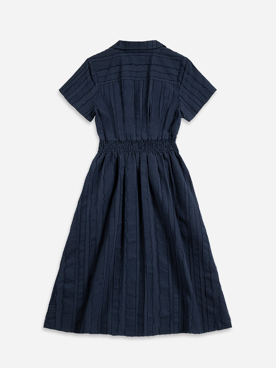 Navy Stripe Textured Striped Dress Womens Strped Dress Buttoned Short Sleeve Dress 