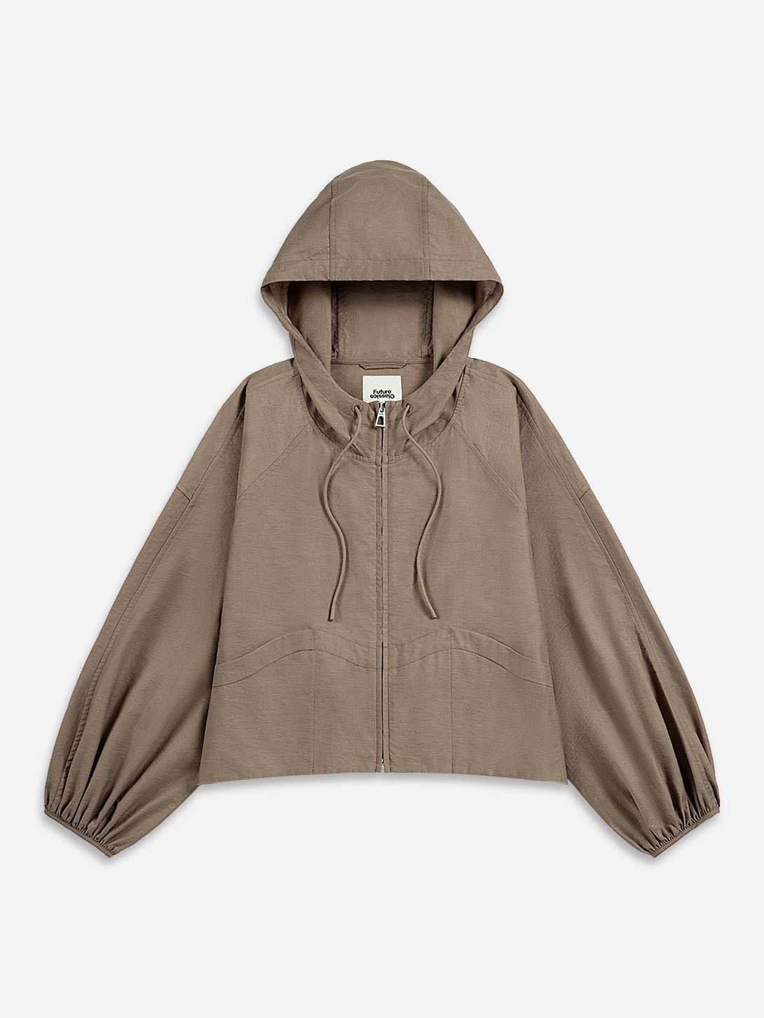Stone Brown Balloon Sleeve Sheen Jacket Womens Hoodie Womens Zip Up Jacket Womnens Puff Sleeve Drawstring Outerwear