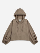 Stone Brown Balloon Sleeve Sheen Jacket Womens Hoodie Womens Zip Up Jacket Womnens Puff Sleeve Drawstring Outerwear