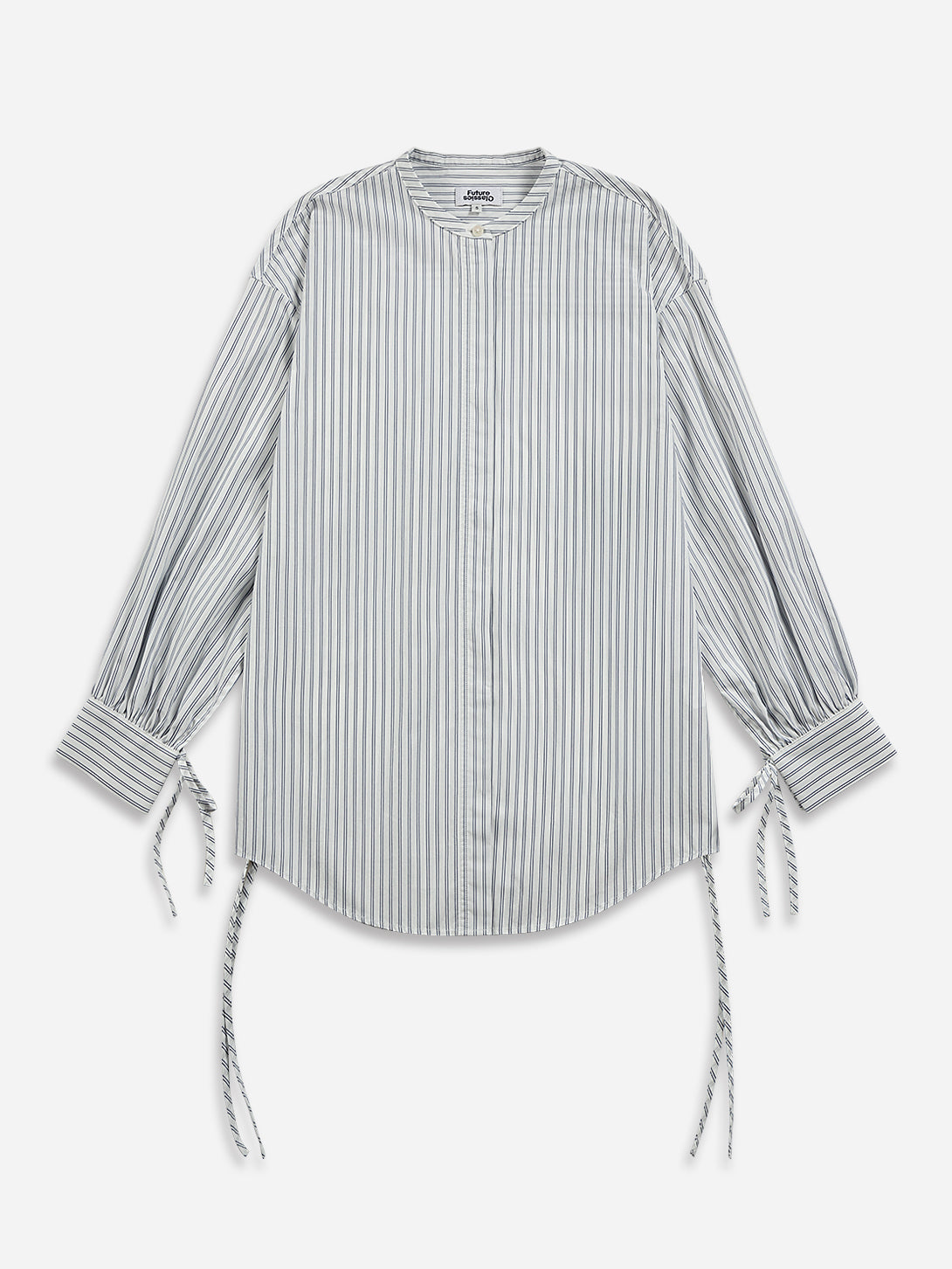 Pure White/ Navy Stripe Ribbon Cuff Stripe Shirt Womens Oversized Shirt Womens Round Collar Long Sleeve Striped Shirt 