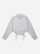 Off White/ Blue Stripe Gathered-waist Stripe Shirt Womens Cropped Striped Colalred Shirt Womens Long Sleeve Woven Shirt 