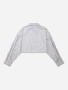 Off White/ Blue Stripe Gathered-waist Stripe Shirt Womens Cropped Striped Colalred Shirt Womens Long Sleeve Woven Shirt 