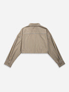 Stone Brown/ Navy Stripe Gathered-waist Stripe Shirt Womens Cropped Striped Colalred Shirt Womens Long Sleeve Woven Shirt 