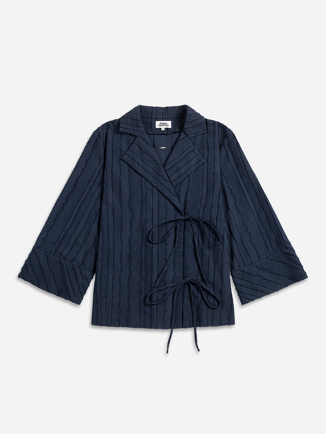 Navy Stripe Textured Striped Overshirt Womens Open Relaxed Long Sleeve Shirt Womens Drawstring Closure Shirt