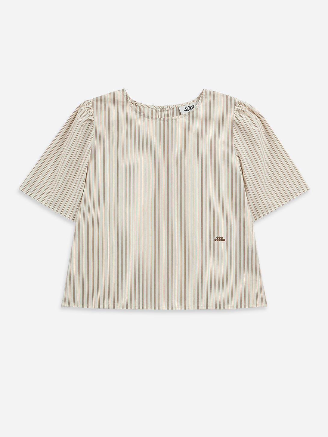 Seedpearl / Stone Brown Stripe Puff Sleeve Blouse Womens Striped Top Womens Woven Short Sleeve Tee 