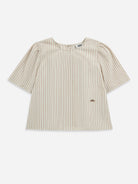 Seedpearl / Stone Brown Stripe Puff Sleeve Blouse Womens Striped Top Womens Woven Short Sleeve Tee 