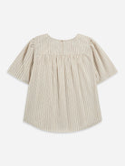 Seedpearl / Stone Brown Stripe Puff Sleeve Blouse Womens Striped Top Womens Woven Short Sleeve Tee 
