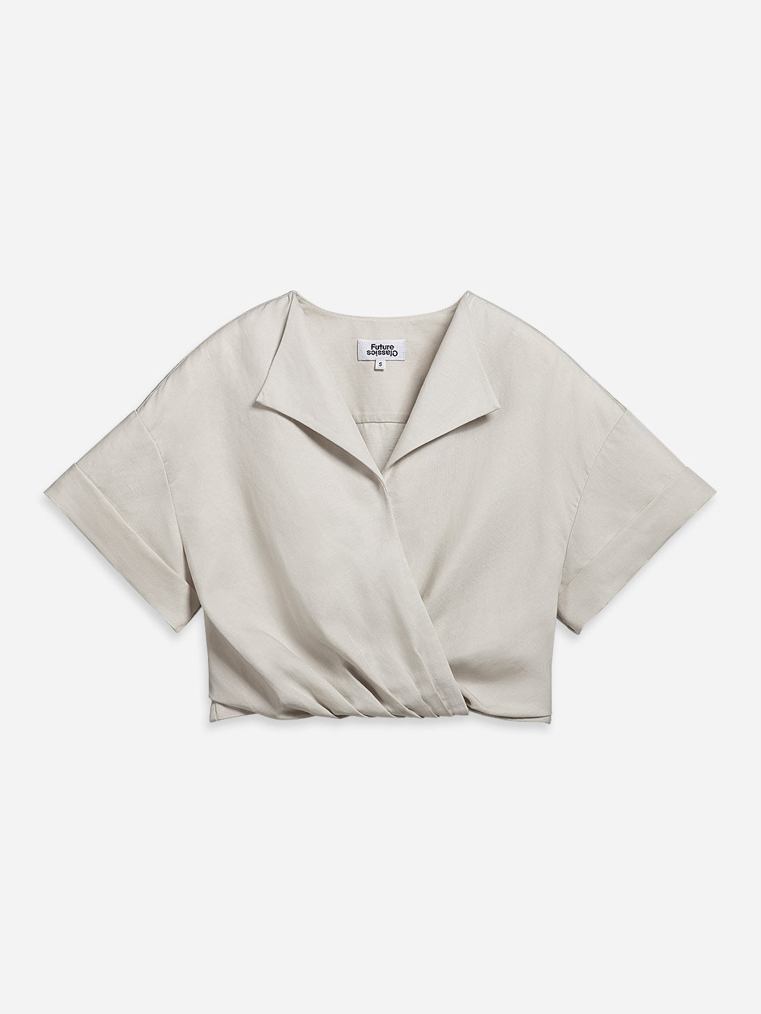 Oatmeal Gathered Overlap Top Womens Short Sleeve Cropped Shirt Open Collar Womens Shirt 