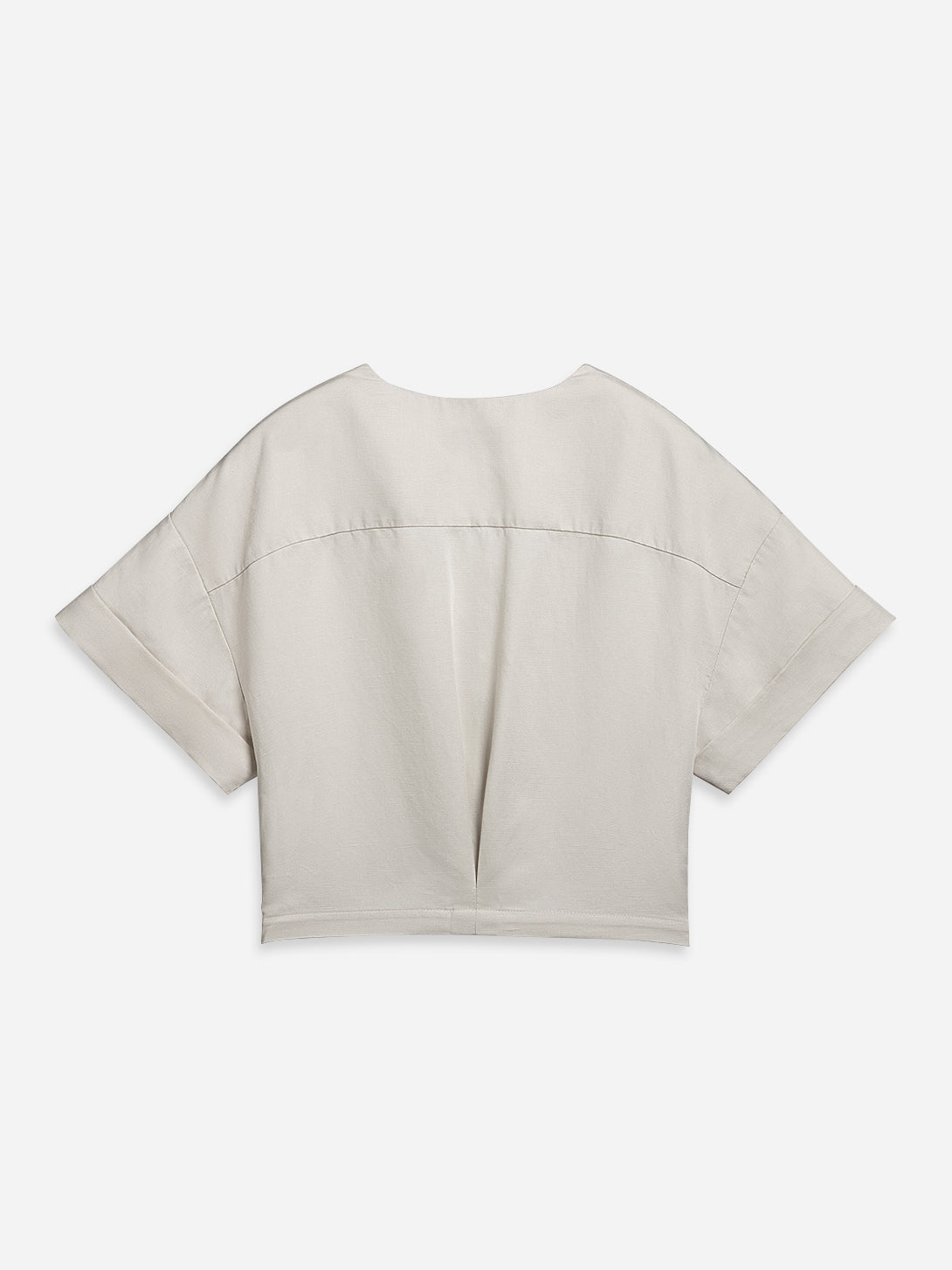 Oatmeal Gathered Overlap Top Womens Short Sleeve Cropped Shirt Open Collar Womens Shirt 