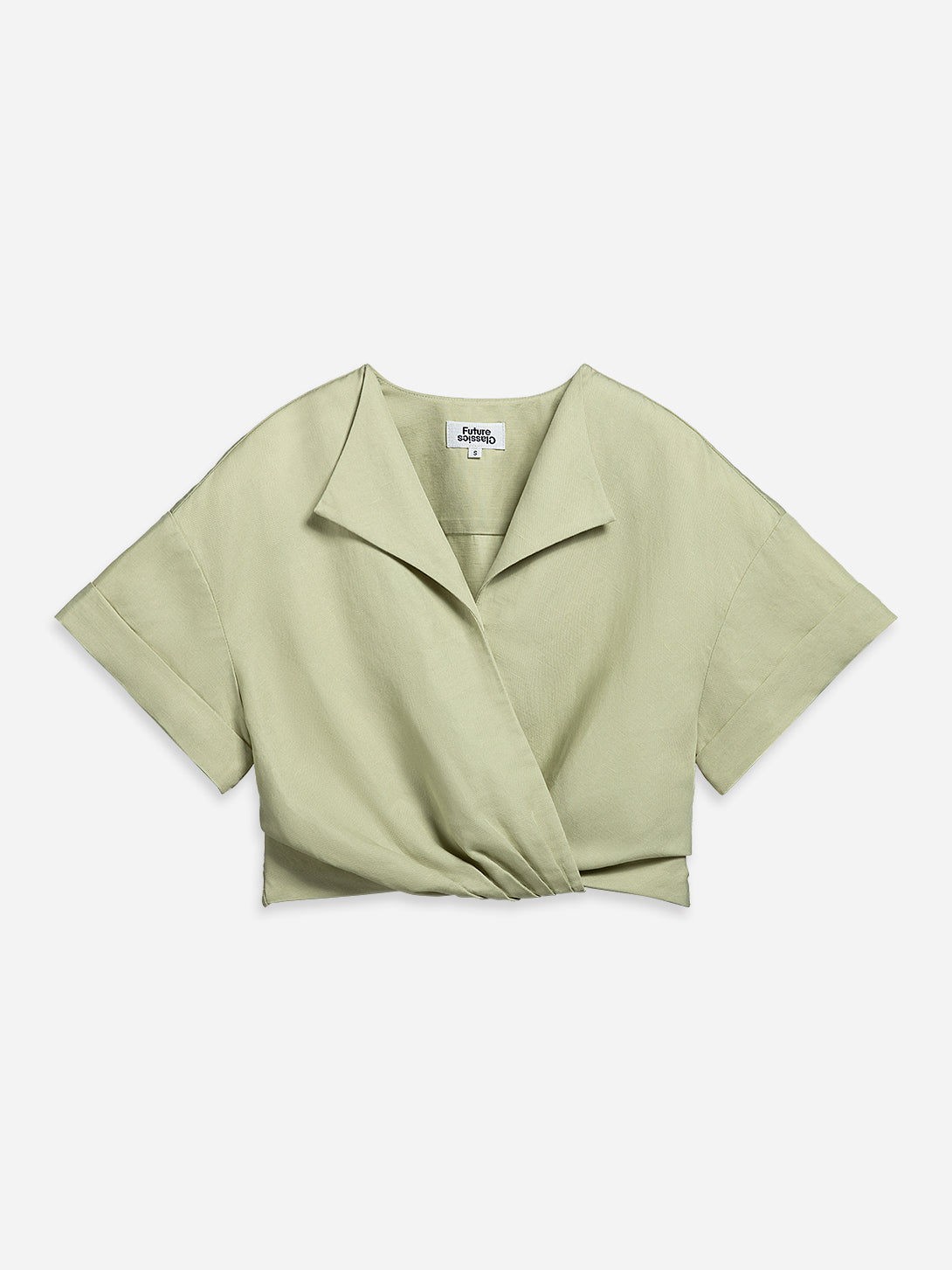 Seaweed Green Gathered Overlap Top Womens Short Sleeve Cropped Shirt Open Collar Womens Shirt 