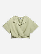 Seaweed Green Gathered Overlap Top Womens Short Sleeve Cropped Shirt Open Collar Womens Shirt 