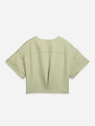 Seaweed Green Gathered Overlap Top Womens Short Sleeve Cropped Shirt Open Collar Womens Shirt 