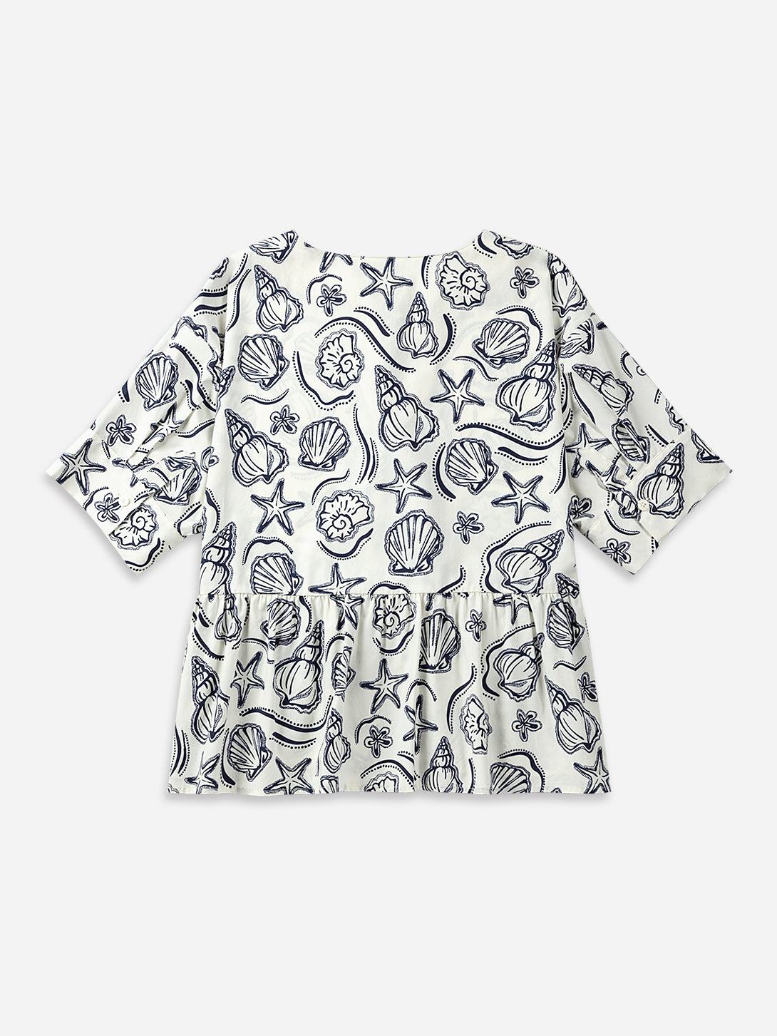Seedpearl AOP Seashell Gathered Blouse Womens Printed pleated Blouse Womens Short Sleeve Woven Shirt 