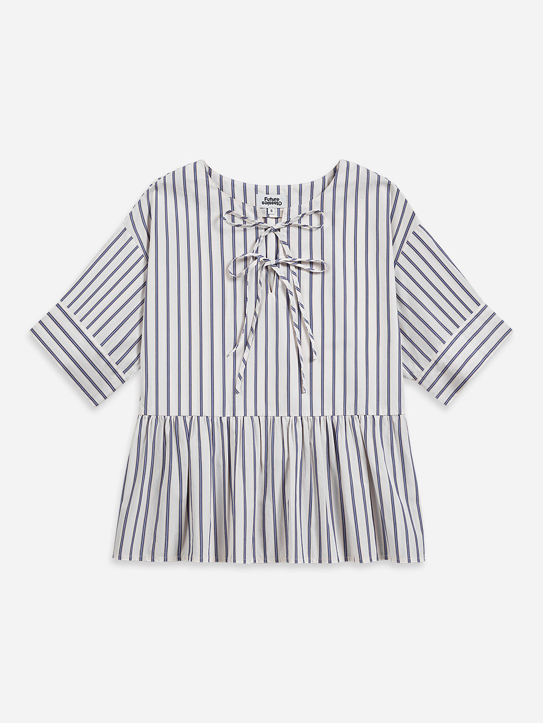Offwhite / Blue Stripe Stripe Gathered Blouse Womens Short Sleeve Pleated Shirt Womens Blouse Striped Shirt