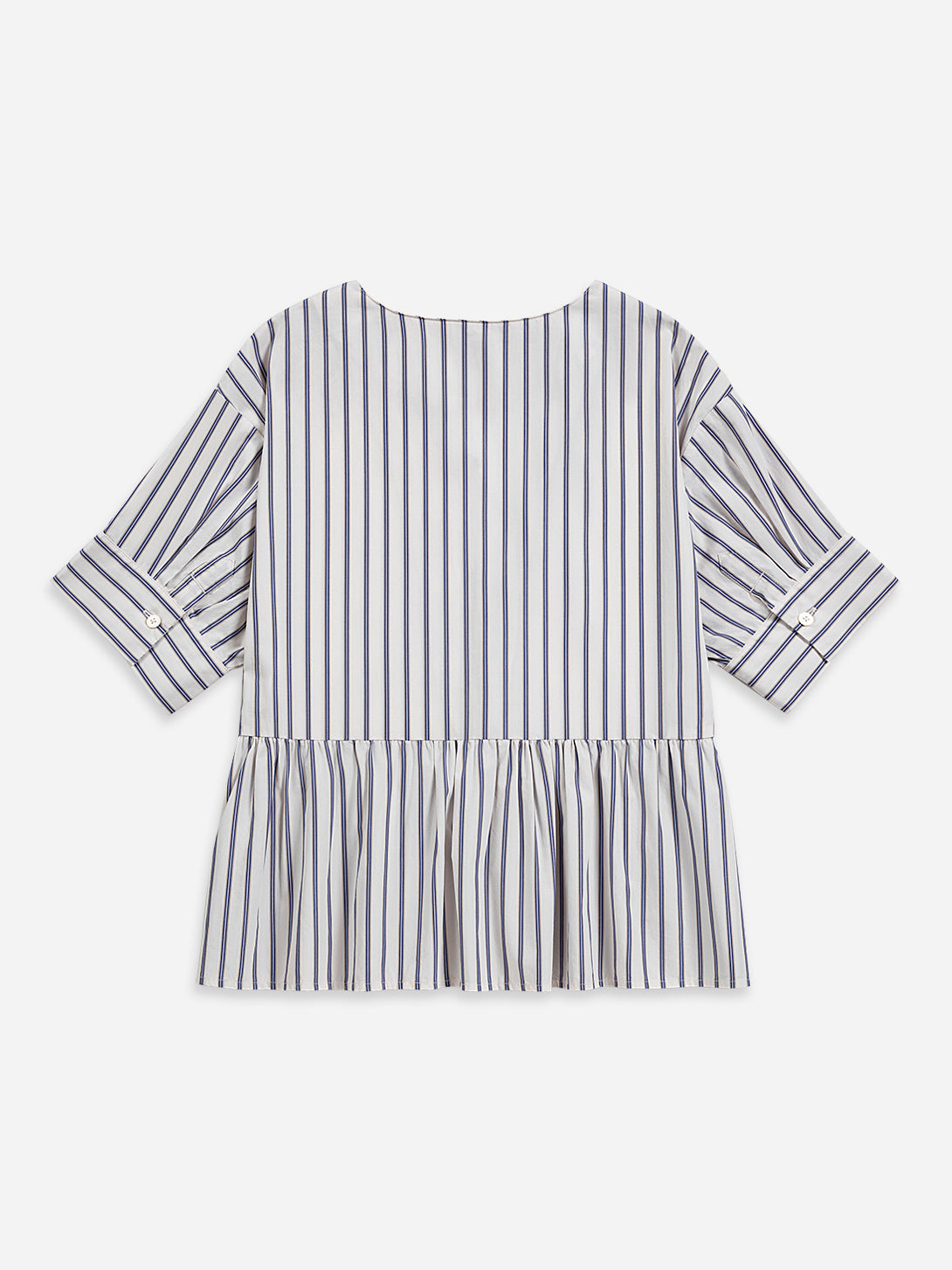 Offwhite / Blue Stripe Stripe Gathered Blouse Womens Short Sleeve Pleated Shirt Womens Blouse Striped Shirt