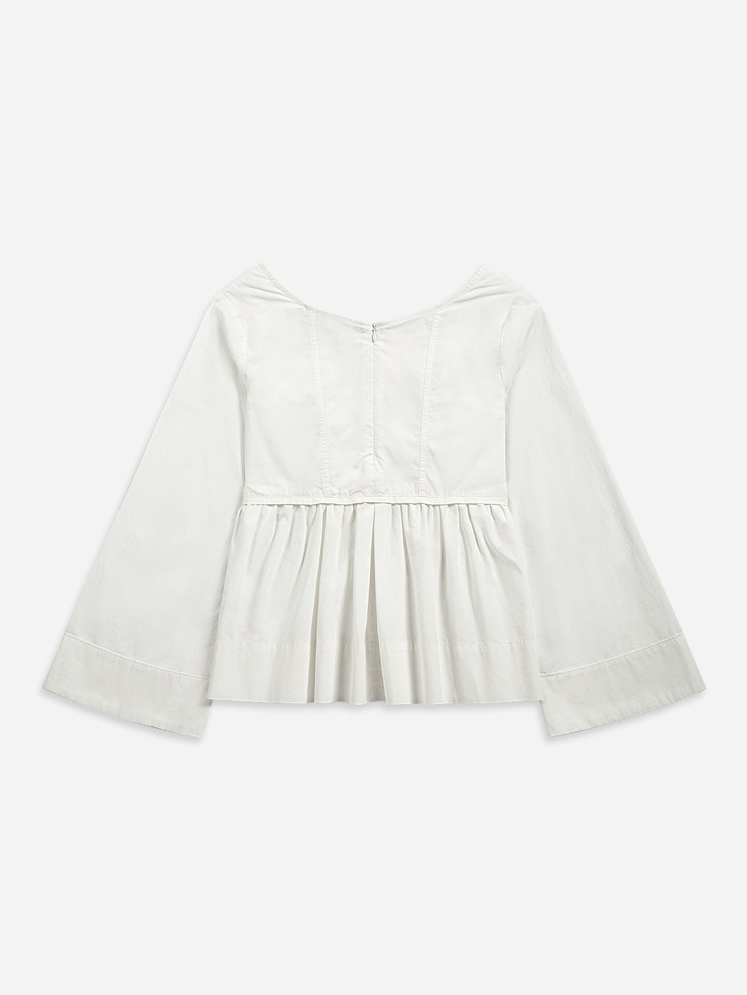 Pure White Bell Sleeve Peplum Top Womens Relaxed Fit Shirt Womens Collarless Woven Long Sleeve Shirt 