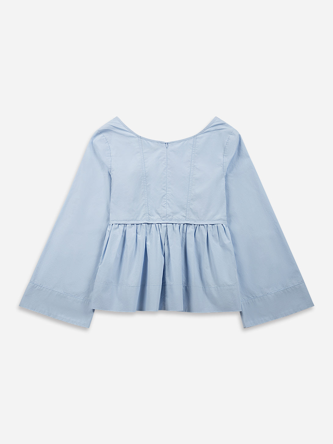 Sea Blue Bell Sleeve Peplum Top Womens Relaxed Fit Shirt Womens Collarless Woven Long Sleeve Shirt 