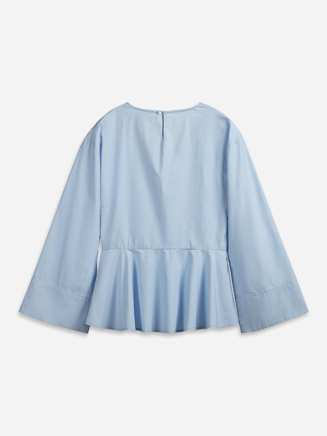 Sea Blue Folded Collar Top Womens Wide Sleeve Woven Shirt 