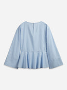 Sea Blue Folded Collar Top Womens Wide Sleeve Woven Shirt 